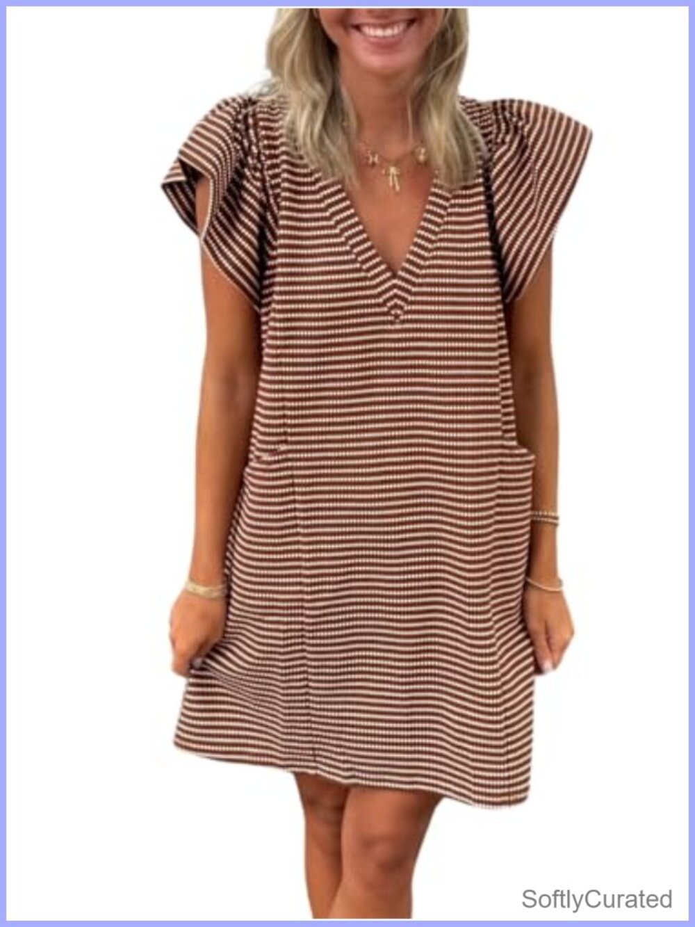 Striped V-Neck Mini Dress Puff Sleeve Casual Summer Shift